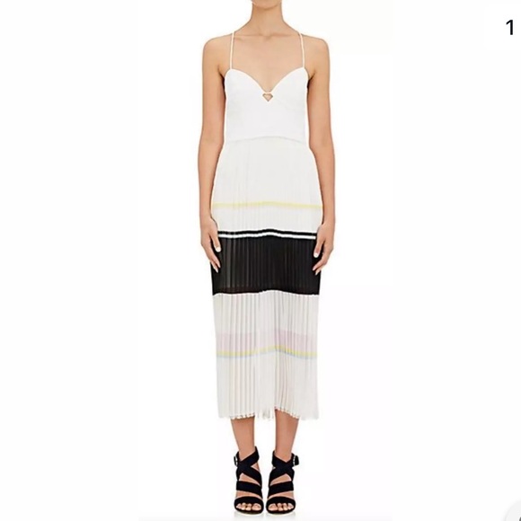 Nicholas Stripe Dress White Pleated Midi 8 - Picture 2 of 13